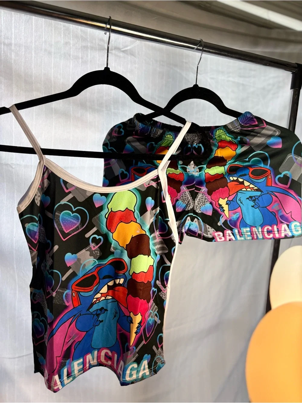 Balenciaga Black Multicolor Cartoon Print Tank & Shorts Set